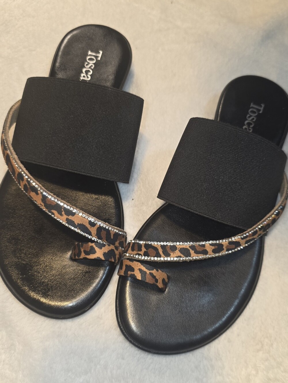 Toscanella, Black Slide Sandals with Leopard Accent With Rhinestones- Size 7 - Picture 2 of 4
